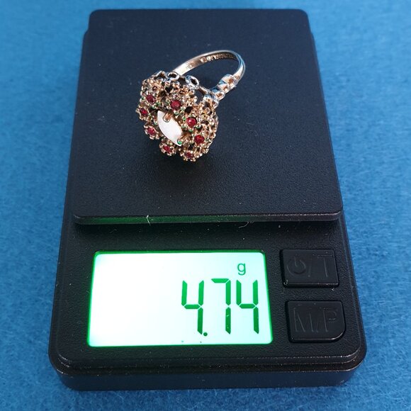 Stunning14K Gold Electroplated Genuine White Opal & Garnet Cocktail Ring - Picture 11 of 13
